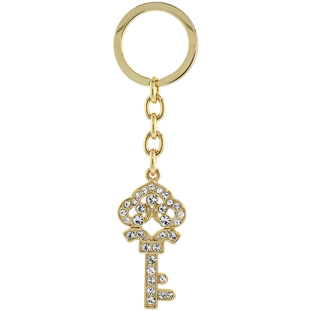 SABRINA SILVER GOLD TONE JEWELED KEY CHAIN CRYSTAL KEY RING FOR WOMEN AUSTRIAN ELEMENTS CLEAR 4 1/2 INCHES LONG