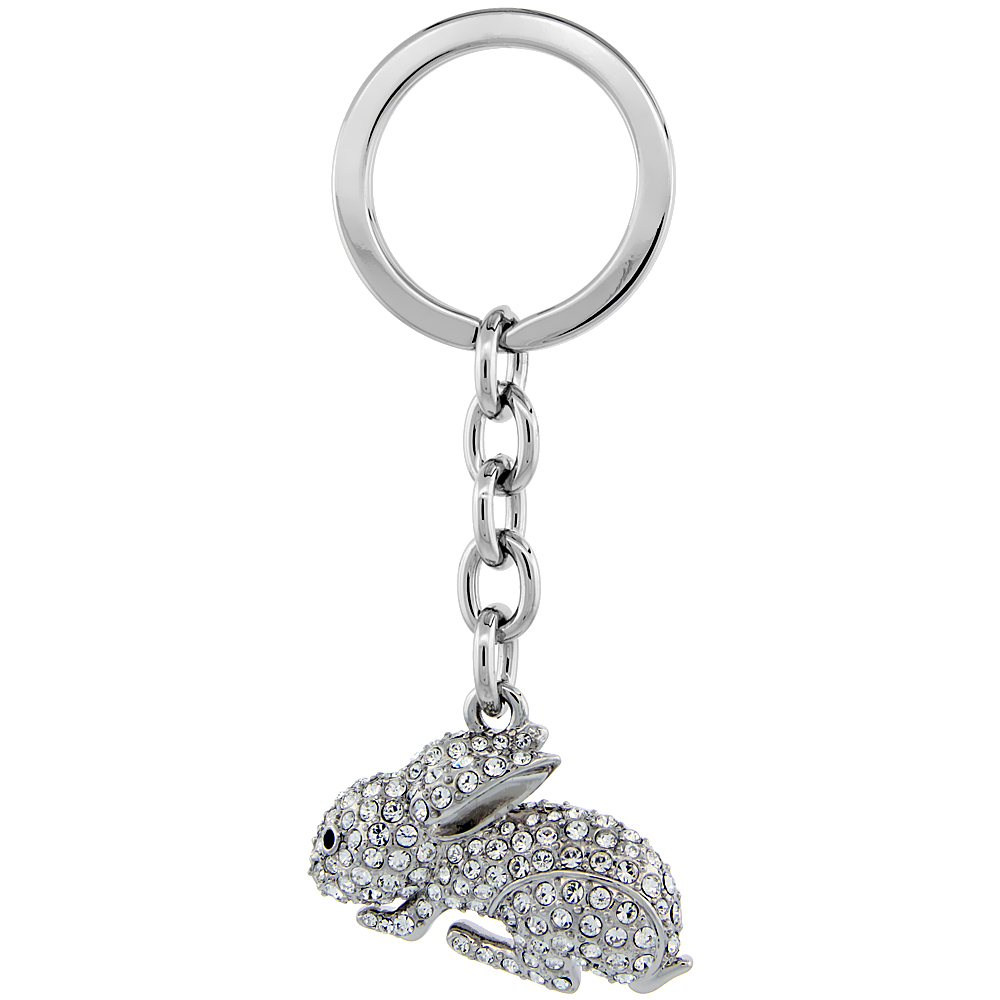 SABRINA SILVER JEWELED BUNNY RABBIT KEY CHAIN CRYSTAL KEY RING FOR WOMEN AUSTRIAN ELEMENTS 3 1/2 INCHES LONG
