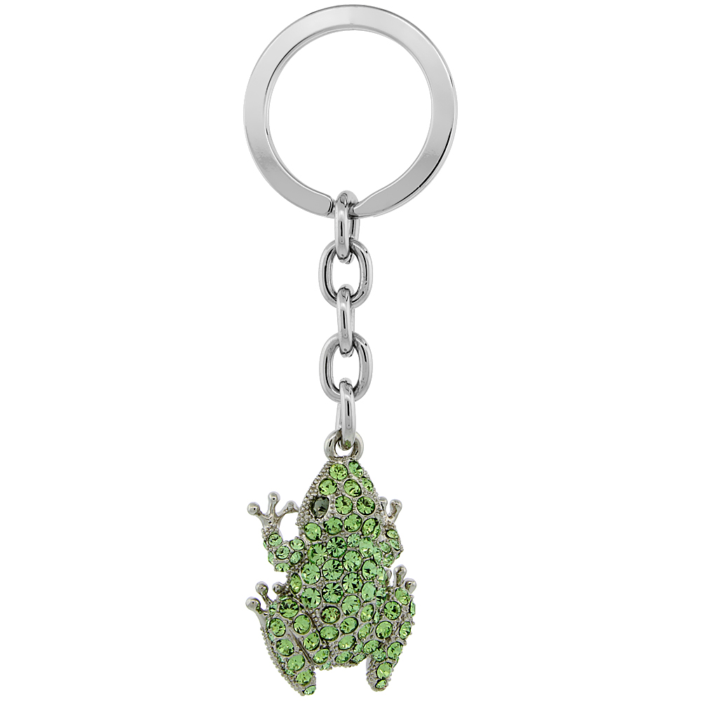 SABRINA SILVER JEWELED FROG KEY CHAIN CRYSTAL KEY RING FOR WOMEN AUSTRIAN ELEMENTS GREEN PERIDOT COLORED 3 1/2 INCHES LONG