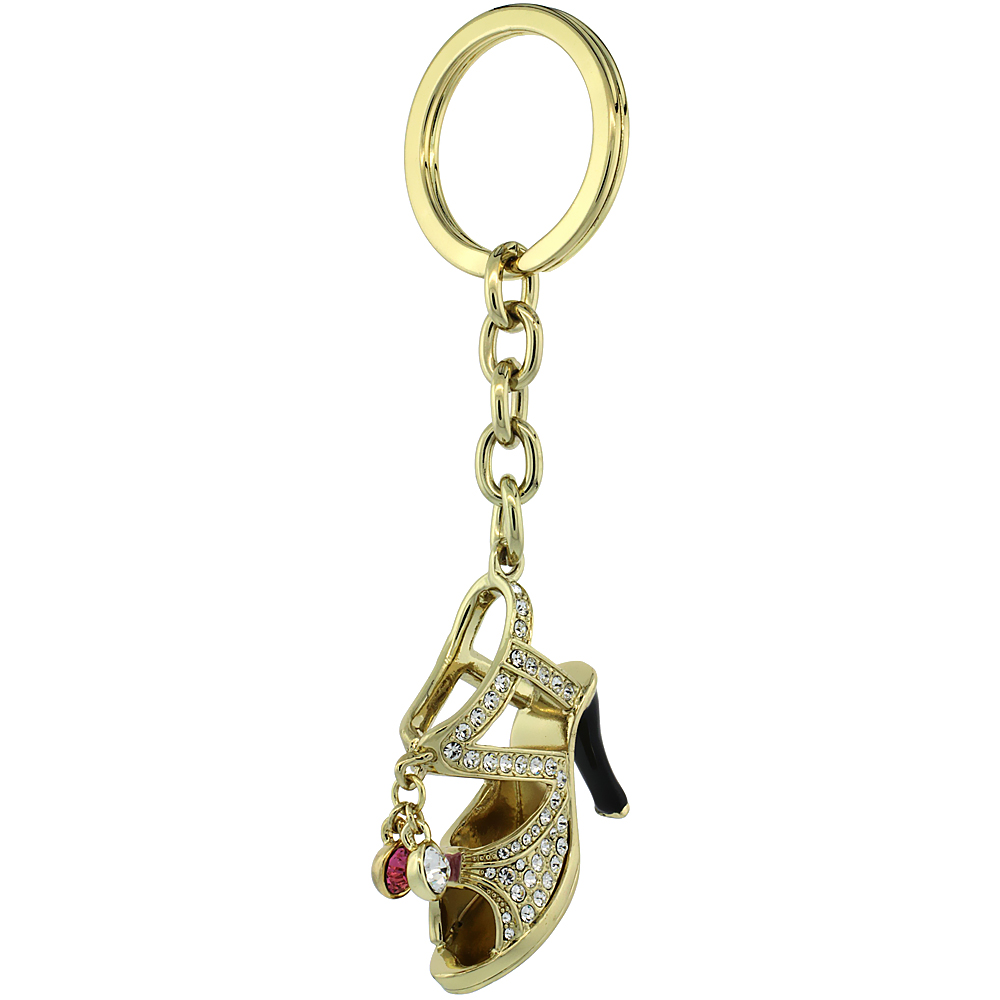 SABRINA SILVER GOLD TONE HIGH HEELED SHOE SANDAL KEY CHAIN CRYSTAL KEY RING FOR WOMEN AUSTRIAN ELEMENTS 4 INCHES LONG