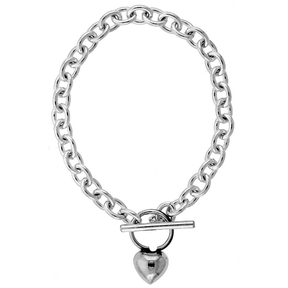 STERLING SILVER ROLO LINK BRACELET WITH HEART TOGGLE CLASP