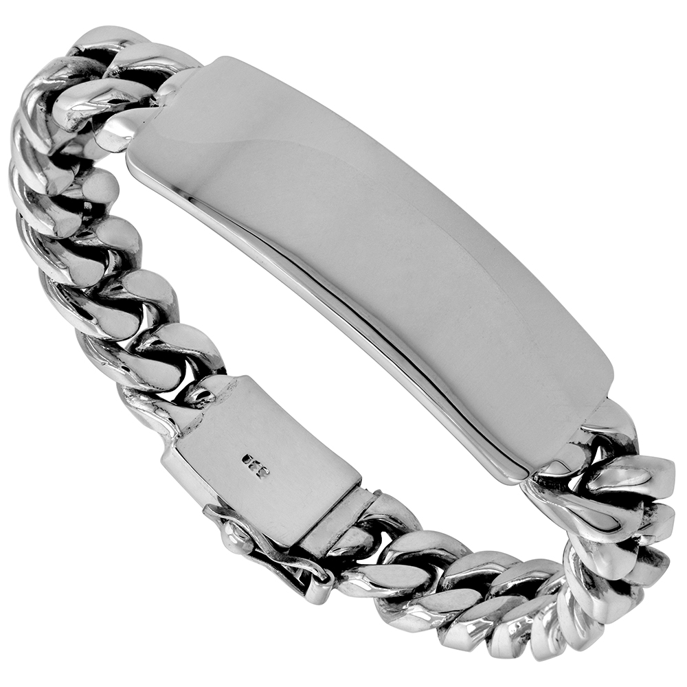 18mm Sterling Silver Heavy Miami Cuban Link ID Bracelet for Men Tight Link Monogrammable Box Clasp Polished Finish Handmade sizes 8, 8.5 &amp; 9 inch