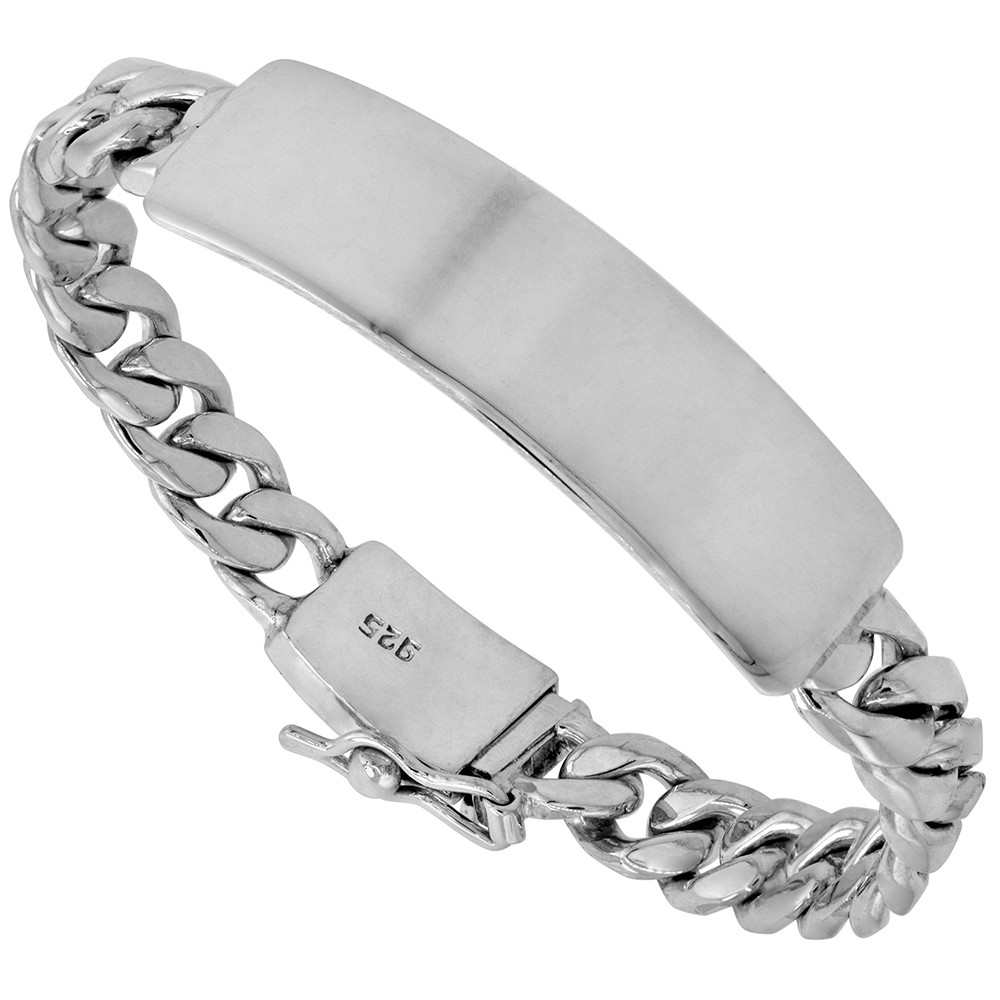 8.5MM STERLING SILVER MIAMI CUBAN LINK ID BRACELET FOR MEN TIGHT LINK MONOGRAMMABLE BOX CLASP POLISHED FINISH HANDMADE SIZES 8, 8.5 & 9 INCH