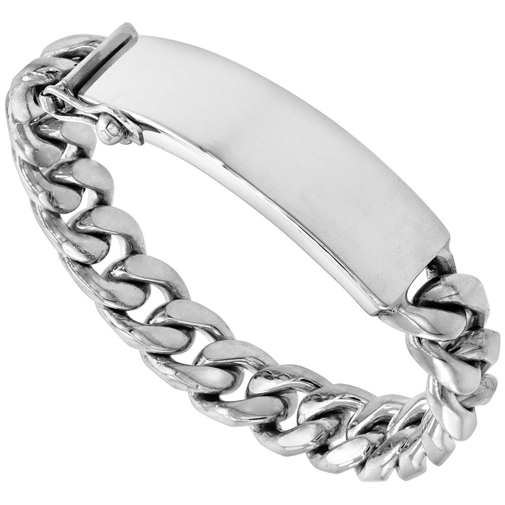 13.5MM STERLING SILVER MIAMI CUBAN LINK ID BRACELET FOR MEN TIGHT LINK HIDDEN CLASP POLISHED FINISH HANDMADE SIZES 8, 8.5 & 9 INCH