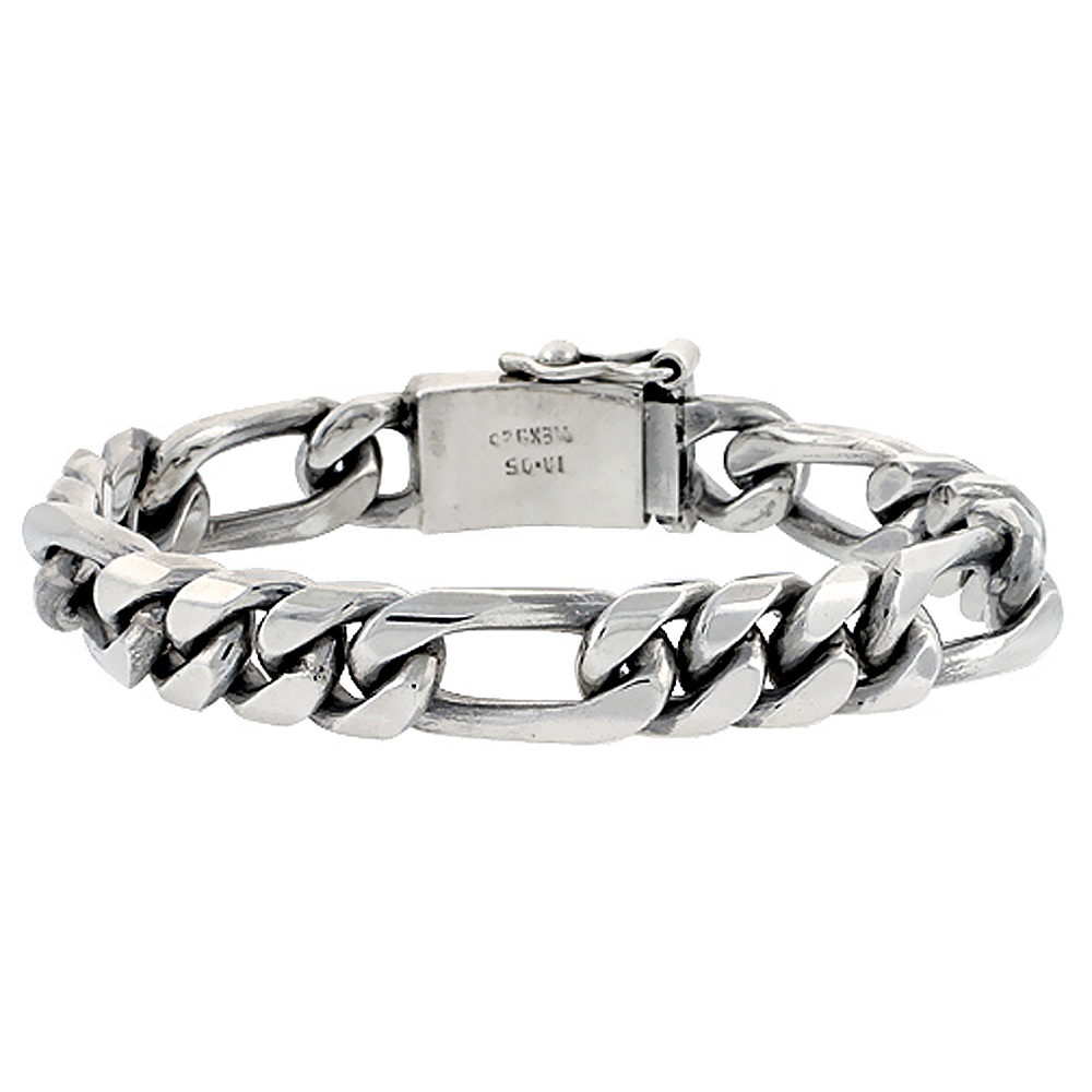 GENT'S STERLING SILVER FIGARO LINK BRACELET ALL HANDMADE 1/2 INCH WIDE, SIZES 8, 8.5 & 9 INCH