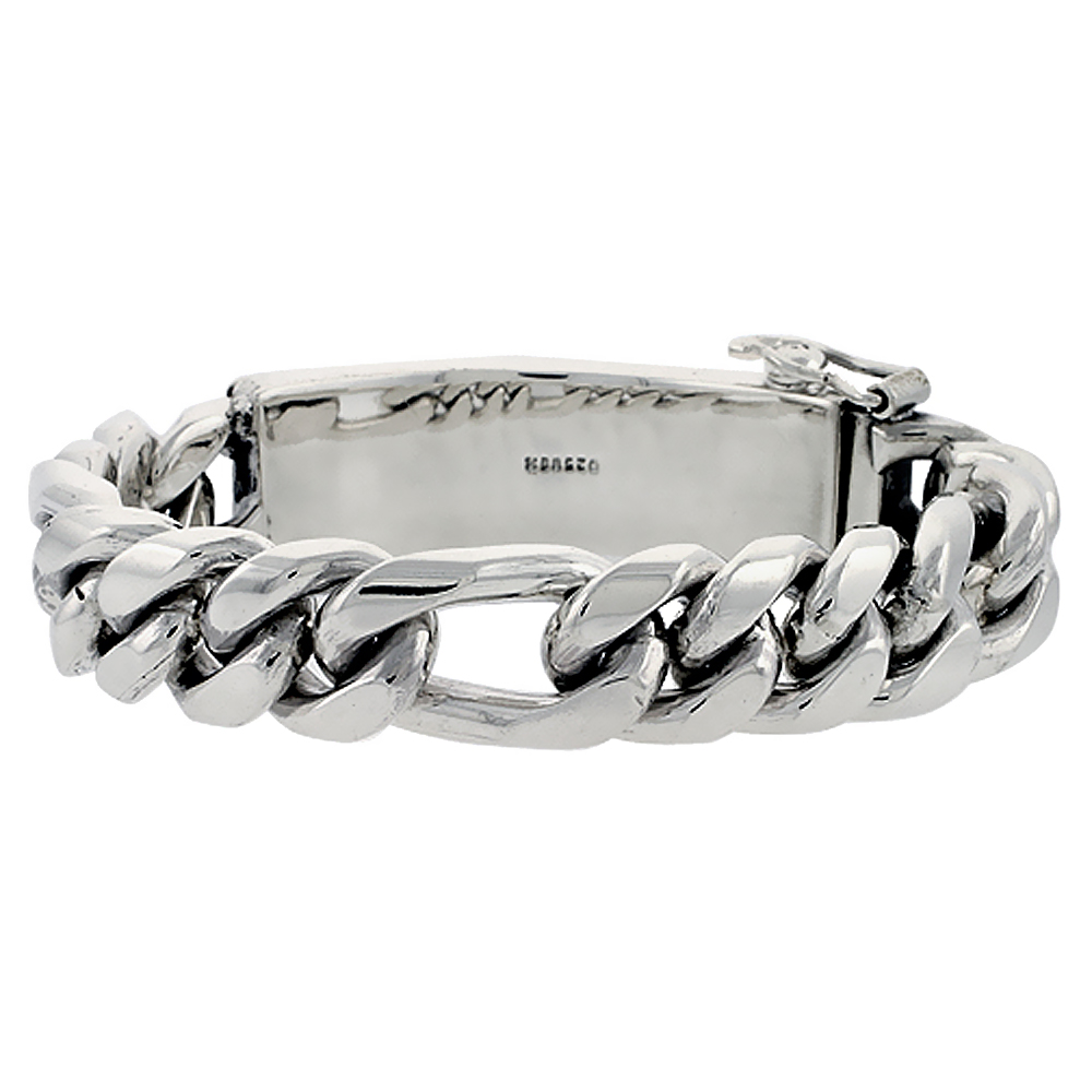 GENT'S STERLING SILVER FIGARO IDENTIFICATION BRACELET HANDMADE 5/8 INCH WIDE, SIZES 8, 8.5 & 9 INCH