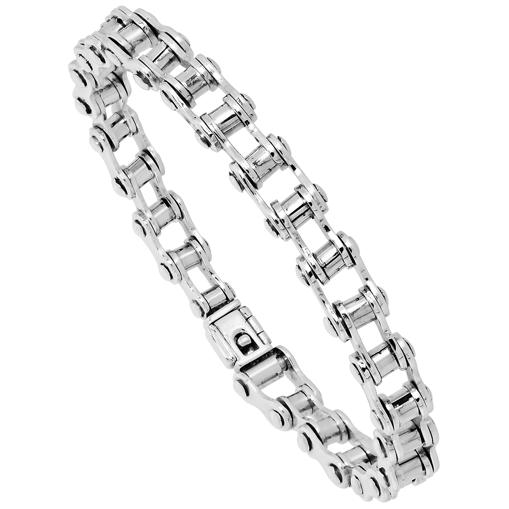 STERLING SILVER BICYCLE CHAIN BRACELET HANDMADE 3/8 INCH WIDE, SIZES 8, 8.5 & 9 INCH