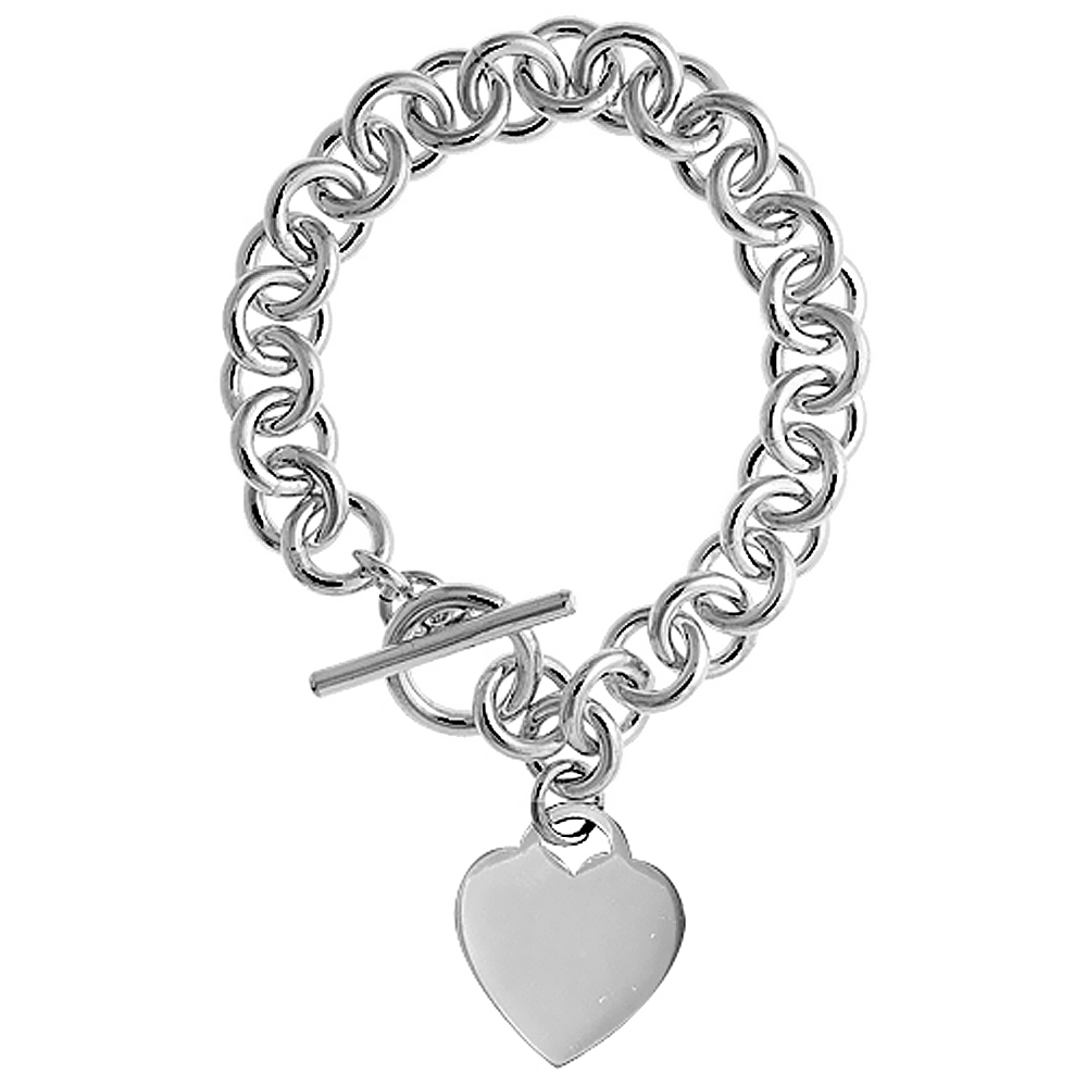 LARGE 10MM ROUND LINK STERLING SILVER HEART TAG BRACELET HEAVY WEIGHT HANDMADE & MATCHING NECKLACES SIZES 7.5, 8 & 18 INCH