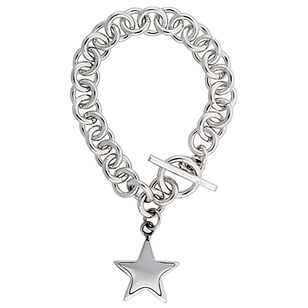 STERLING SILVER HEAVY ROUND ROLO LINK W/ STAR TAG BRACELETS AND NECKLACES, SIZES 7, 8 & 18 INCH