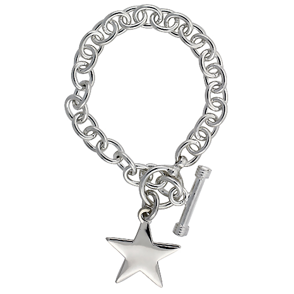 STERLING SILVER HEAVY OVAL ROLO LINK W/ STAR TAG BRACELETS AND NECKLACES , SIZES 7, 8 & 18 INCH
