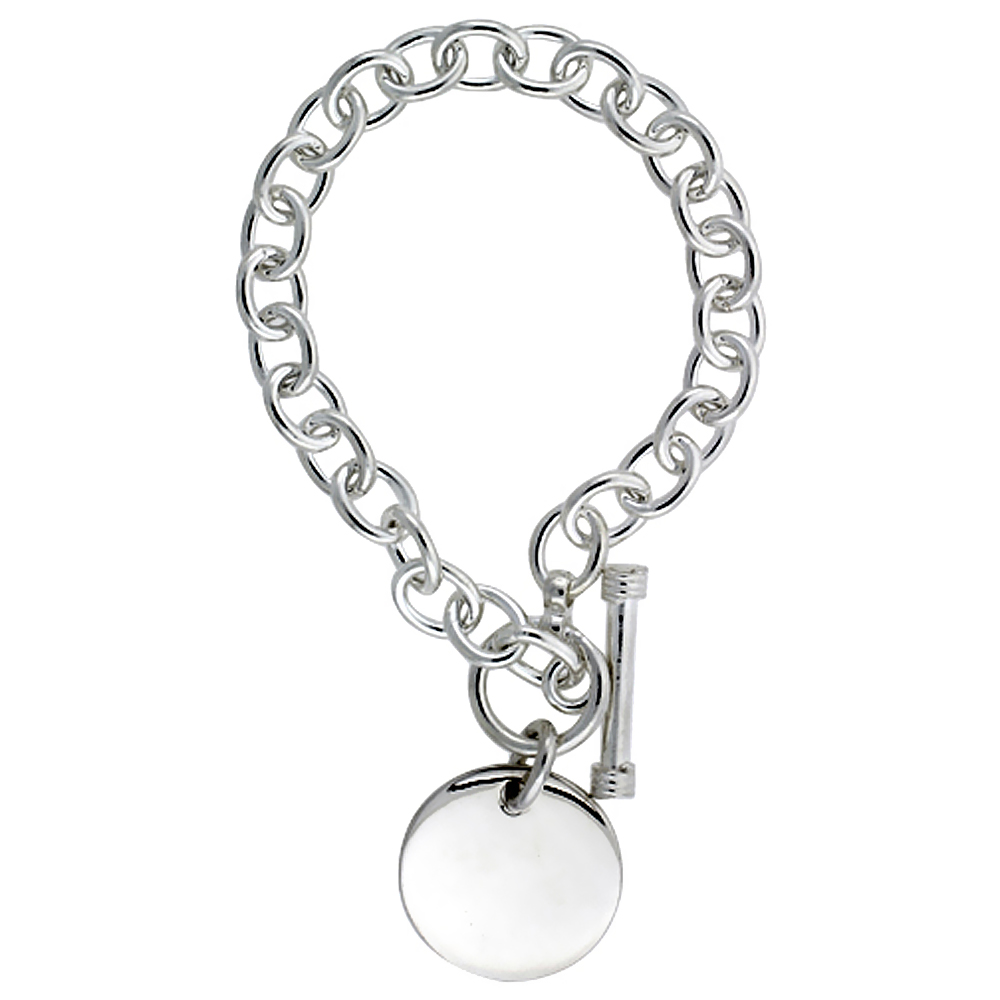 STERLING SILVER HEAVY OVAL ROLO LINK W/ ROUND DISC NECKLACES AND BRACELETS, SIZES 7, 8 & 18 INCH