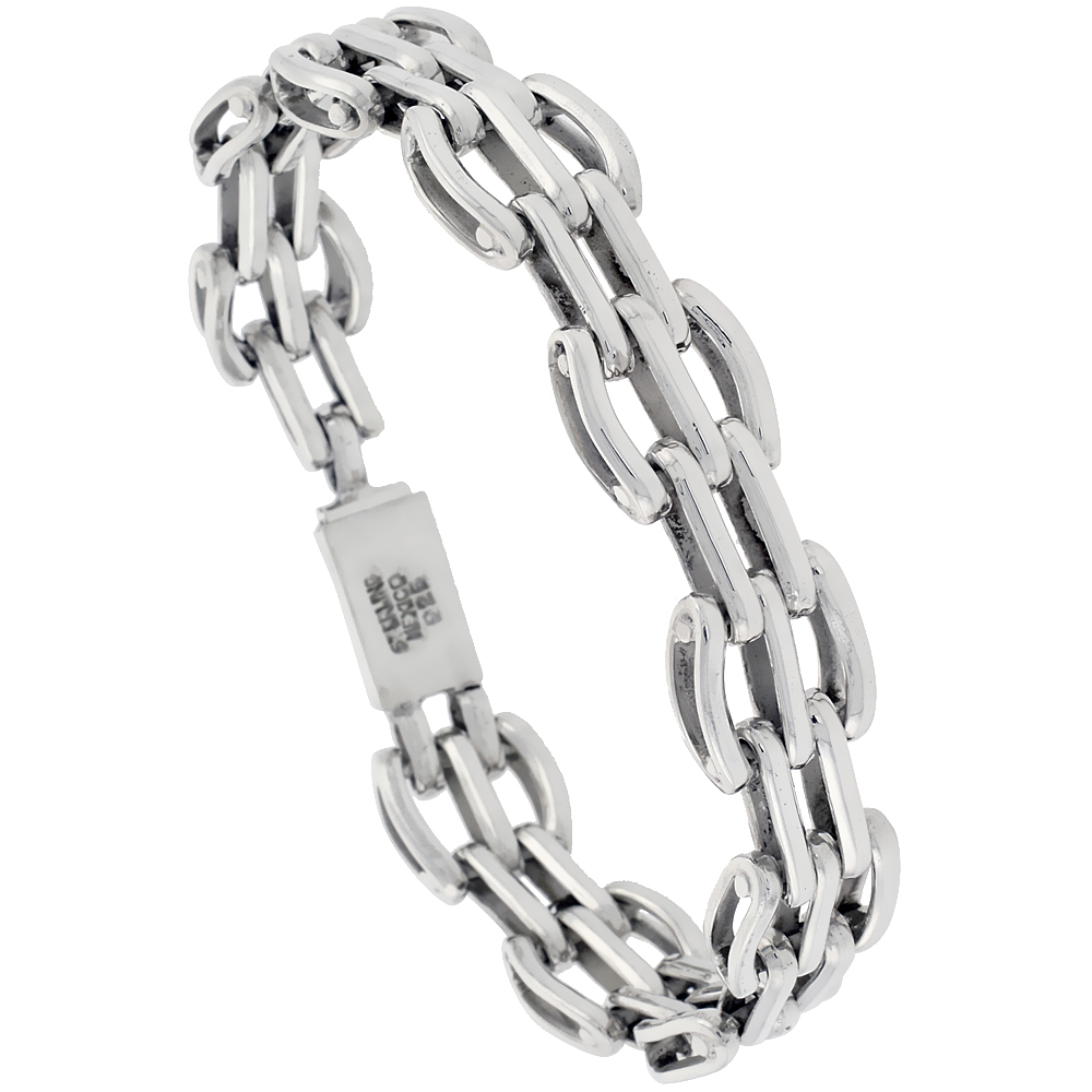 STERLING SILVER CURVY BAR LINK BRACELET 3/4 INCH WIDE, SIZES 8, 8.5 & 9 INCH