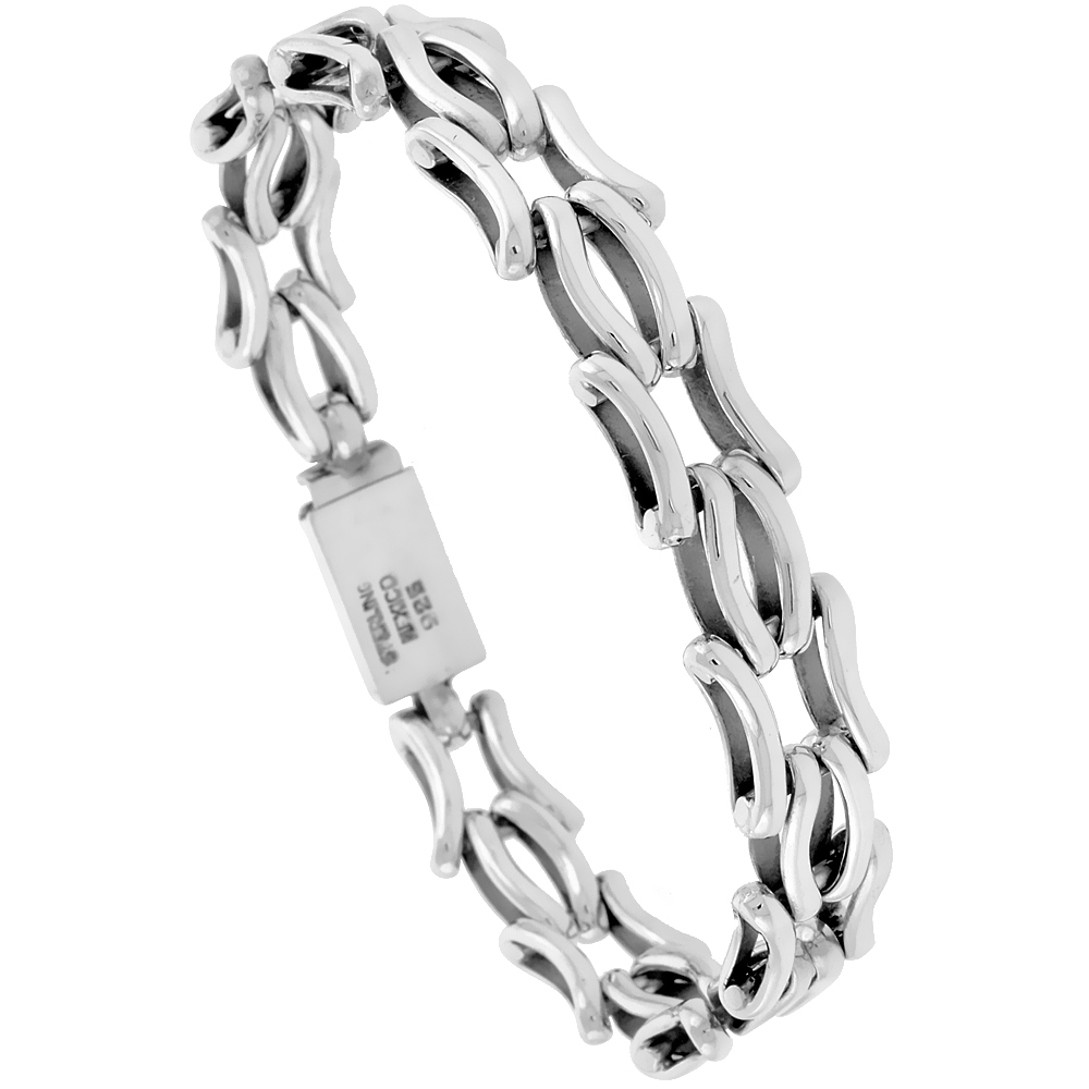 STERLING SILVER CURVY BAR LINK BRACELET 1/2 INCH WIDE, SIZES 8, 8.5 & 9 INCH