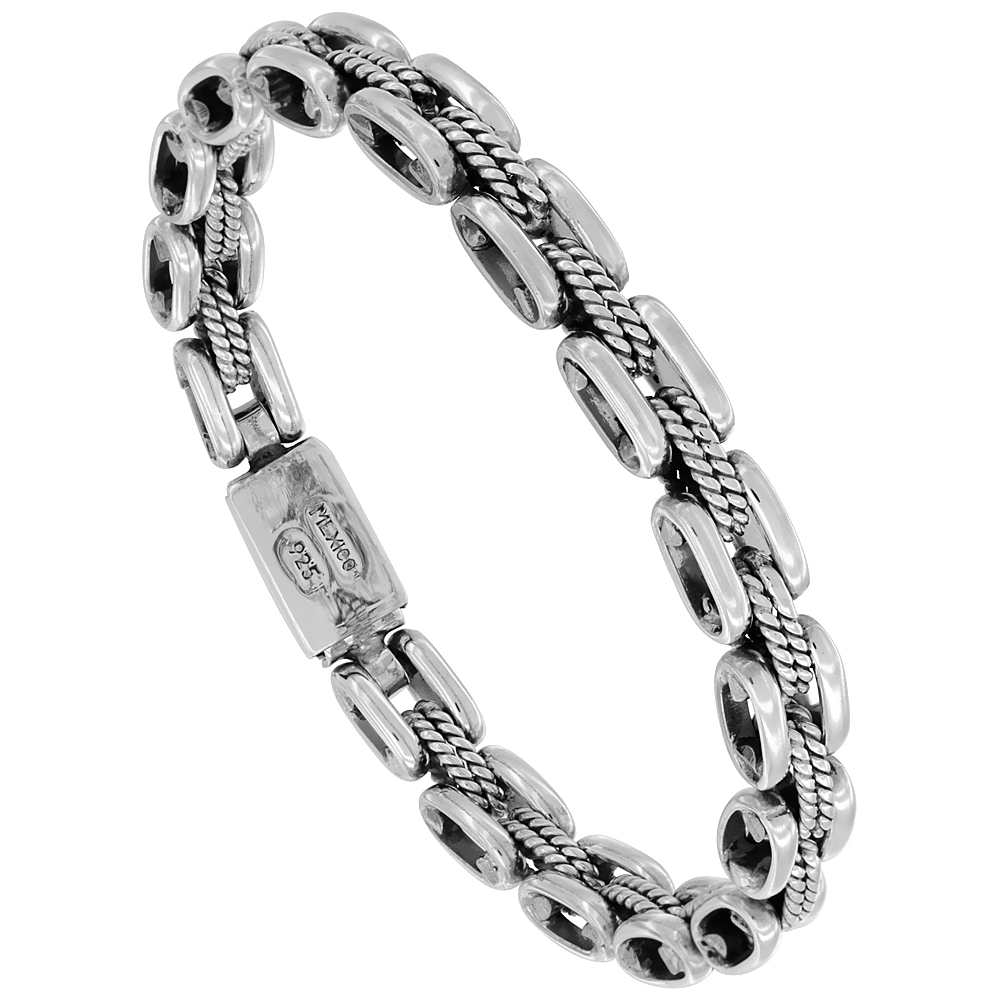 STERLING SILVER ROPE & BAR LINK BRACELET 11/30 INCH WIDE, SIZES 8, 8.5 & 9 INCH