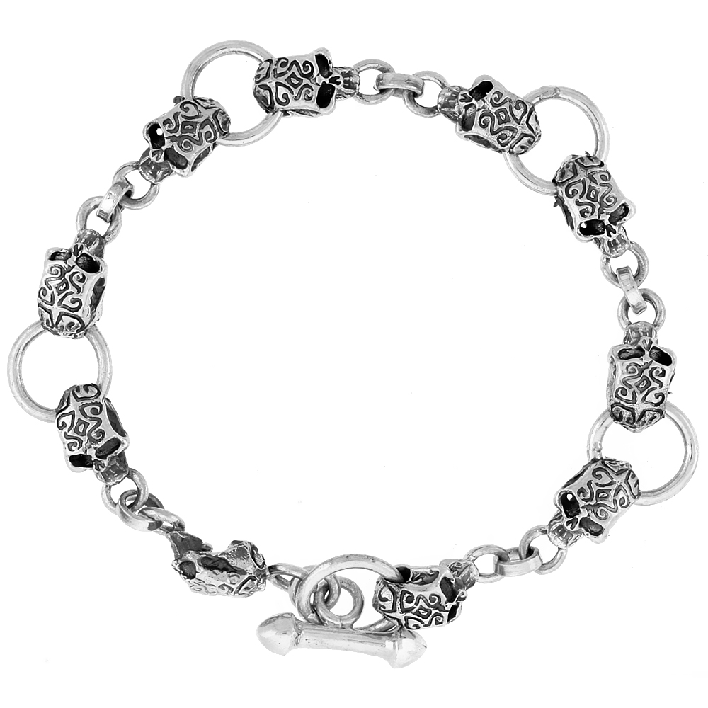 STERLING SILVER TATTOOED SKULL BRACELET HANDMADE, 1/2 INCH WIDE, AVAILABLE IN 8, 8.5 & 9 INCH
