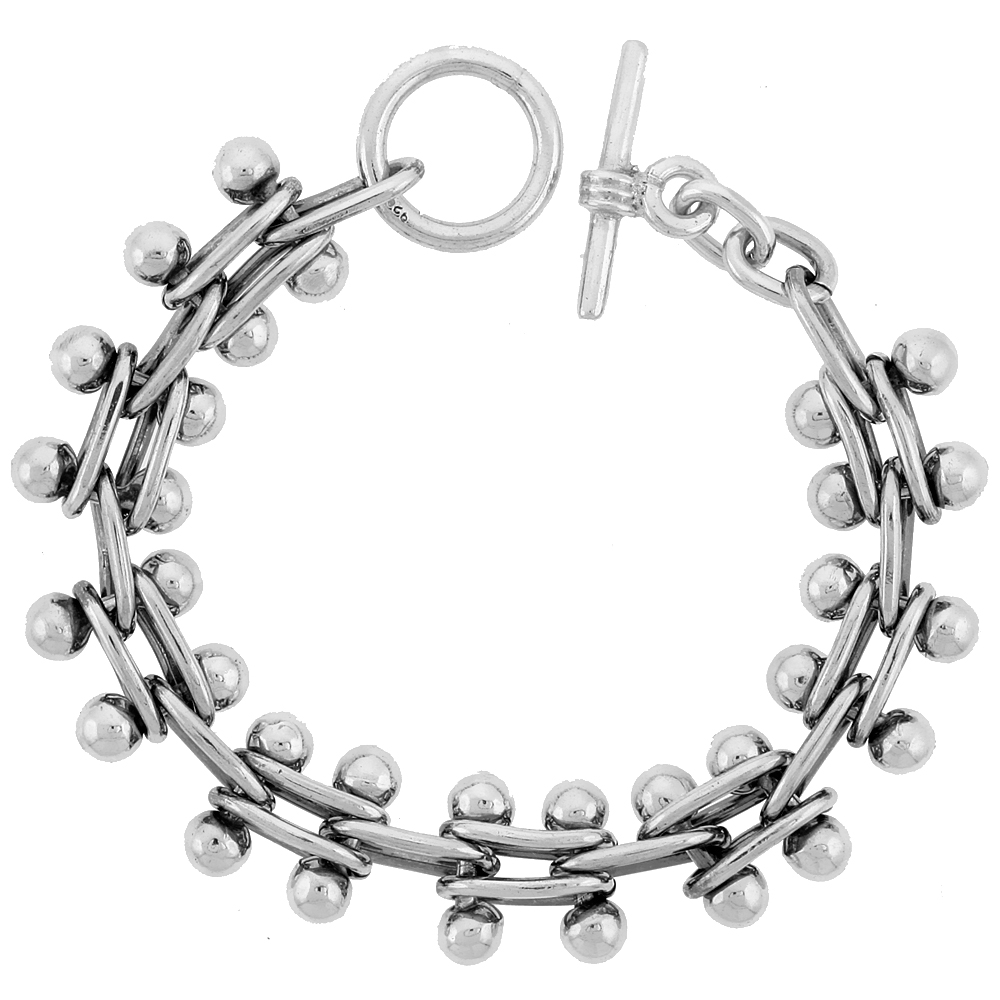 STERLING SILVER BEADED BAR LINK BRACELET TOGGLE CLASP HANDMADE 5/8 INCH WIDE, SIZES 8, 8.5 & 9 INCH