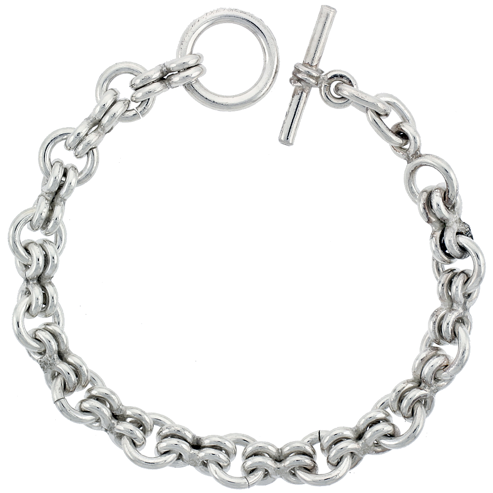 STERLING SILVER ROLO LINK BRACELET TOGGLE CLASP HANDMADE 3/8 INCH WIDE, SIZES 8, 8.5 & 9 INCH