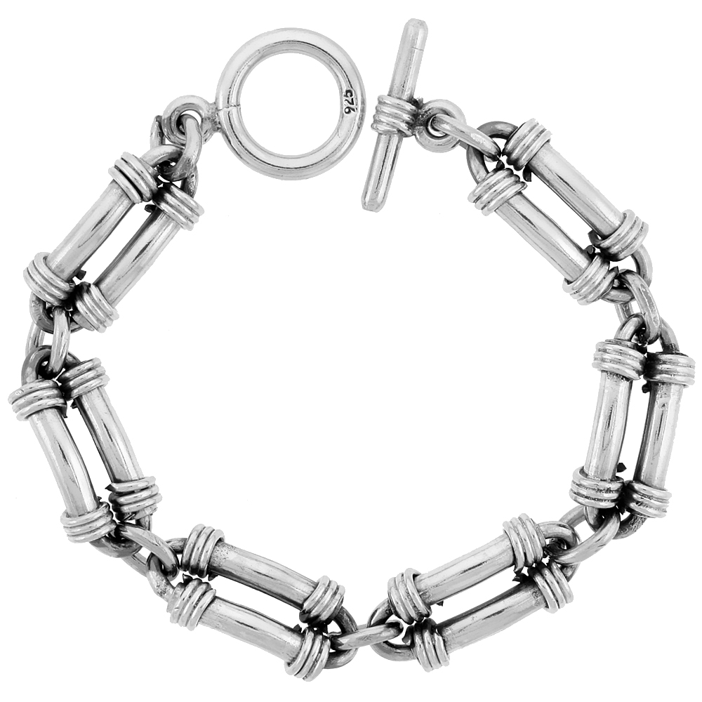 STERLING SILVER BULLET CHAIN LINK BRACELET TOGGLE CLASP HANDMADE 1/2 INCH WIDE, SIZES 8, 8.5 & 9 INCH