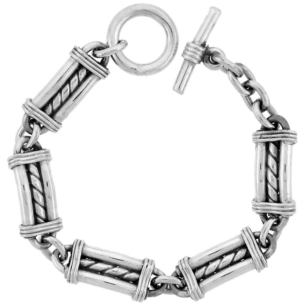 STERLING SILVER BULLET CHAIN LINK BRACELET TOGGLE CLASP HANDMADE 1/2 INCH WIDE, SIZES 8, 8.5 & 9 INCH