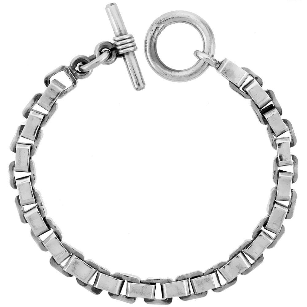 STERLING SILVER BOX CHAIN LINK BRACELET TOGGLE CLASP HANDMADE 5/16 INCH WIDE, SIZES 8, 8.5 & 9 INCH