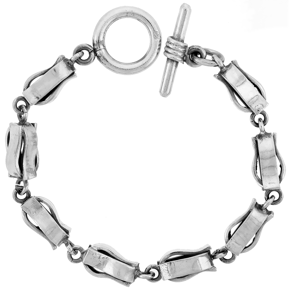 STERLING SILVER CURVY LONG BOX CHAIN LINK BRACELET TOGGLE CLASP HANDMADE 3/8 INCH WIDE, SIZES 8, 8.5 & 9 INCH