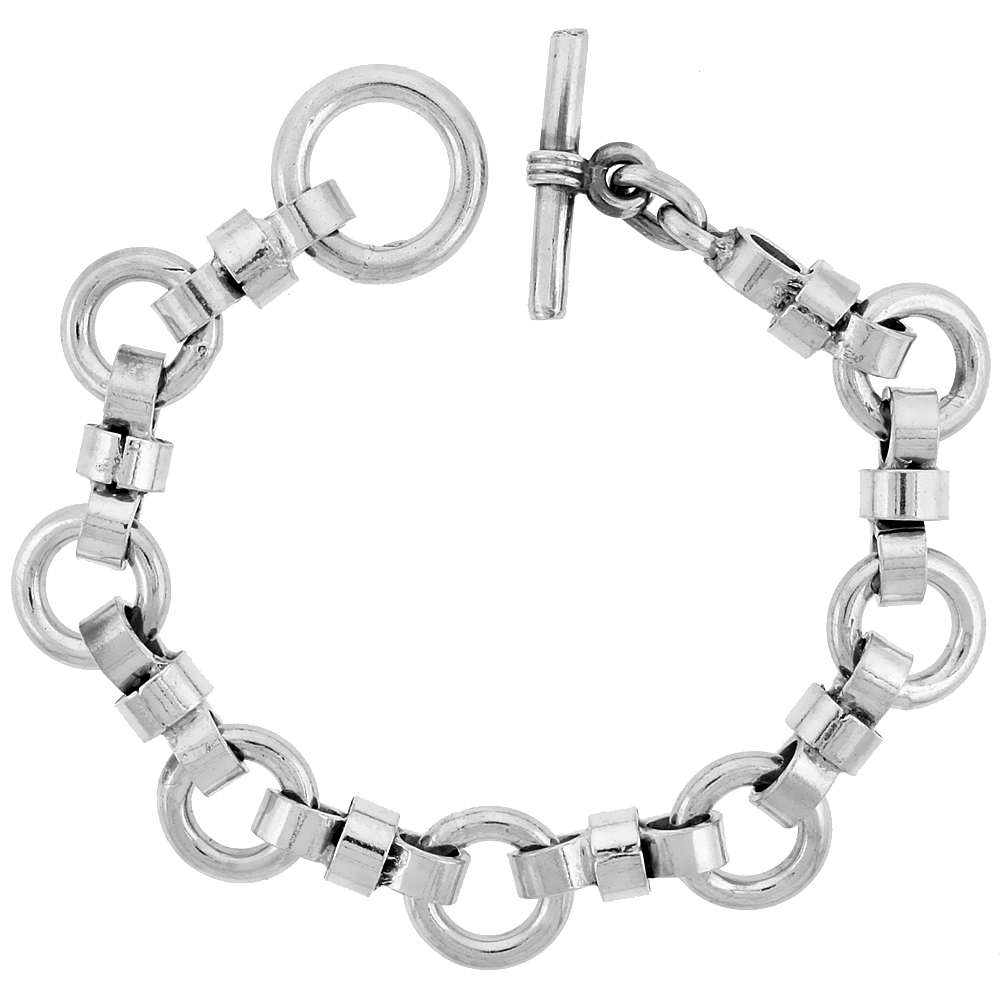 STERLING SILVER ROUND LINKS BRACELET TOGGLE CLASP HANDMADE 1/2 INCH WIDE, SIZES 8, 8.5 & 9 INCH