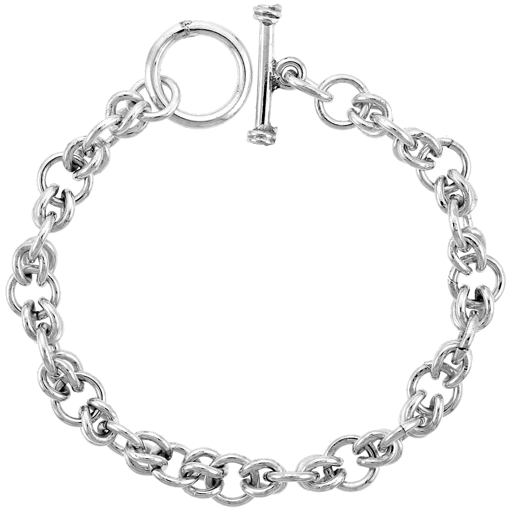 STERLING SILVER ROUND LINKS BRACELET TOGGLE CLASP HANDMADE 3/8 INCH WIDE, SIZES 8, 8.5 & 9 INCH