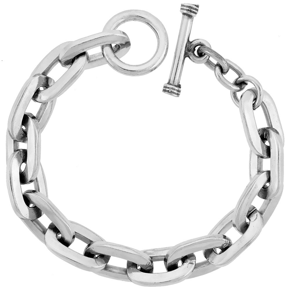STERLING SILVER OVAL CUT-OUT LINK BRACELET TOGGLE CLASP HANDMADE 1/2 INCH WIDE, SIZES 8, 8.5 & 9 INCH