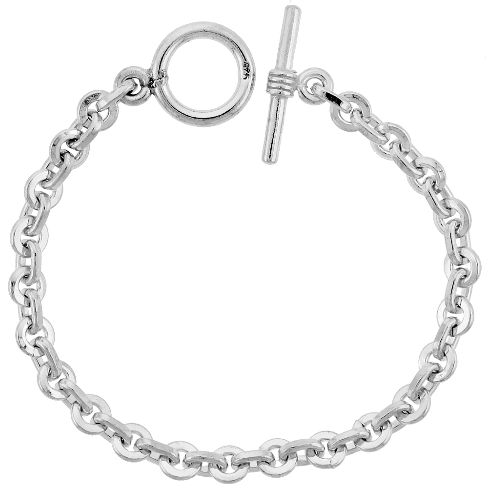 STERLING SILVER ROUND & OVAL LINK BRACELET TOGGLE CLASP HANDMADE 1/4 INCH WIDE, SIZES 8, 8.5 & 9 INCH