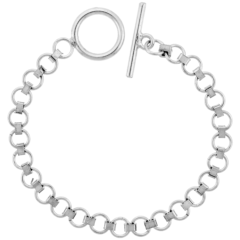 STERLING SILVER ROUND LINK BRACELET TOGGLE CLASP HANDMADE 9/32 INCH WIDE, SIZES 8, 8.5 & 9 INCH