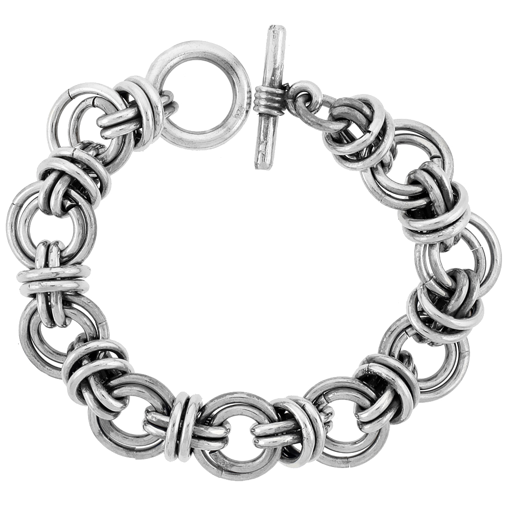 STERLING SILVER DOUBLE CIRCLES DOUGHNUT LINK BRACELET TOGGLE CLASP HANDMADE 3/4 INCH WIDE, SIZES 8, 8.5 & 9 INCH