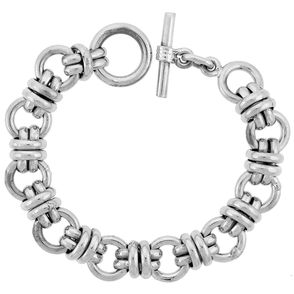 STERLING SILVER DOUGHNUT CIRCLES LINK BRACELET TOGGLE CLASP HANDMADE 5/8 INCH WIDE, SIZES 8, 8.5 & 9 INCH