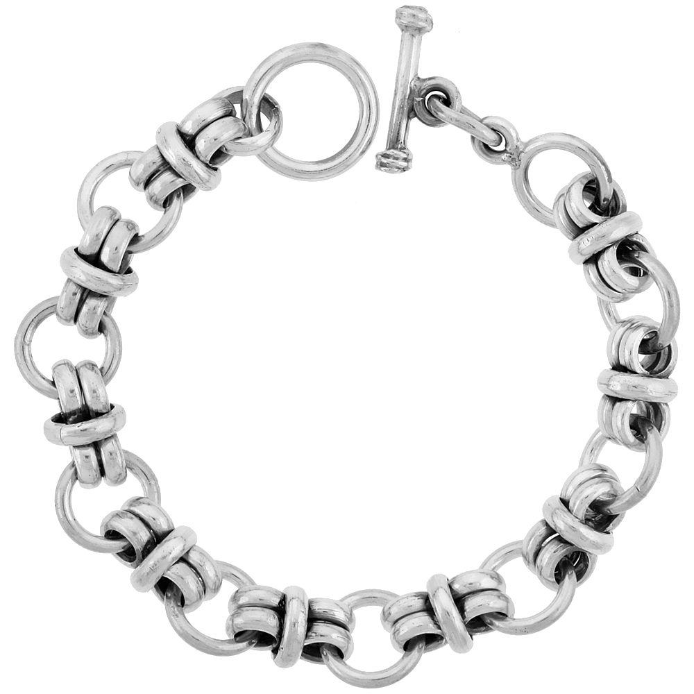 STERLING SILVER CIRCLES LINK BRACELET TOGGLE CLASP HANDMADE 1/2 INCH WIDE, SIZES 8, 8.5 & 9 INCH