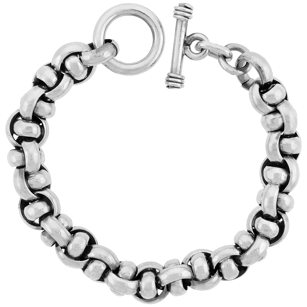 STERLING SILVER INTERLACED CIRCLES LINK BRACELET TOGGLE CLASP HANDMADE 7/16 INCH WIDE, SIZES 8, 8.5 & 9 INCH