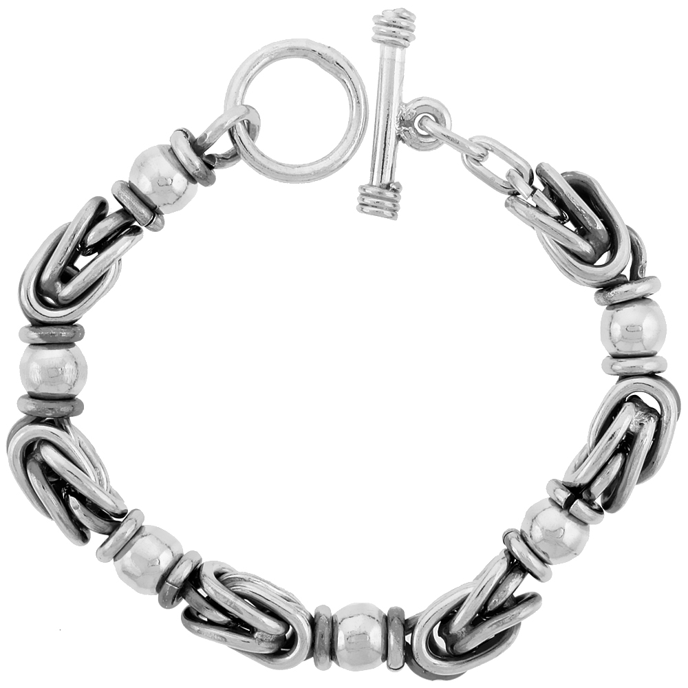 STERLING SILVER BEADED LINK BRACELET TOGGLE CLASP HANDMADE 1/2 INCH WIDE, SIZES 8, 8.5 & 9 INCH