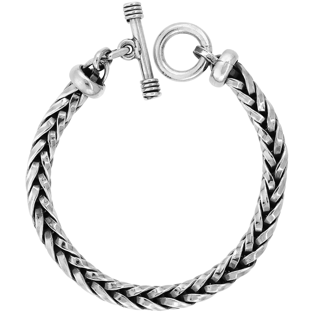 STERLING SILVER HANDMADE WHEAT LINK BRACELET TOGGLE CLASP HANDMADE 3/8 INCH WIDE, SIZES 8, 8.5 & 9 INCH