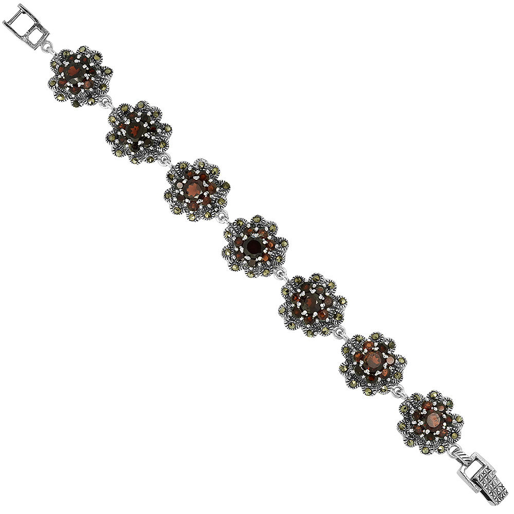 STERLING SILVER CUBIC ZIRCONIA GARNET CLUSTER FLORAL MARCASITE BRACELET 3/4 INCH WIDE, 7 INCH LONG