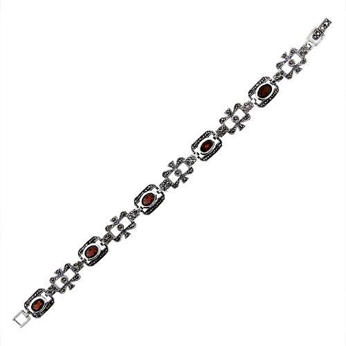 STERLING SILVER CUBIC ZIRCONIA GARNET RECTANGULAR MARCASITE BRACELET 7/16 INCH WIDE, 7 INCH LONG
