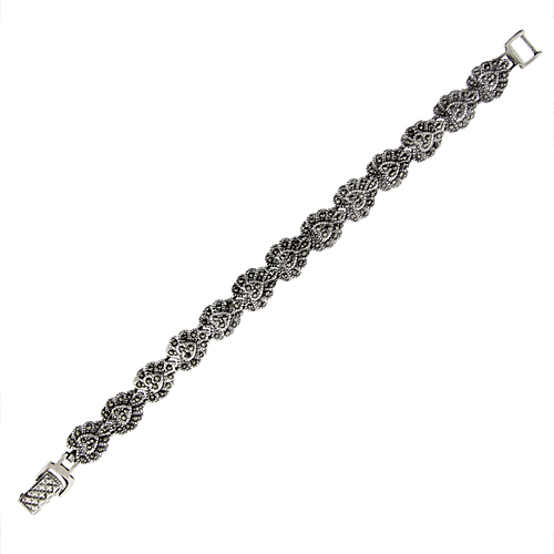 STERLING SILVER HEART MARCASITE BRACELET 7/16 INCH WIDE, 7 INCH LONG