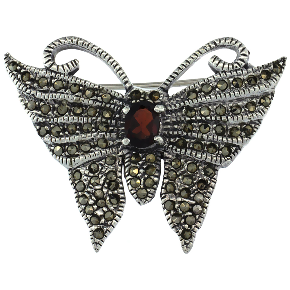 STERLING SILVER MARCASITE BUTTERFLY BROOCH PIN W/ OVAL CUT GARNET STONE, 1 1/4 INCH (32 MM) TALL