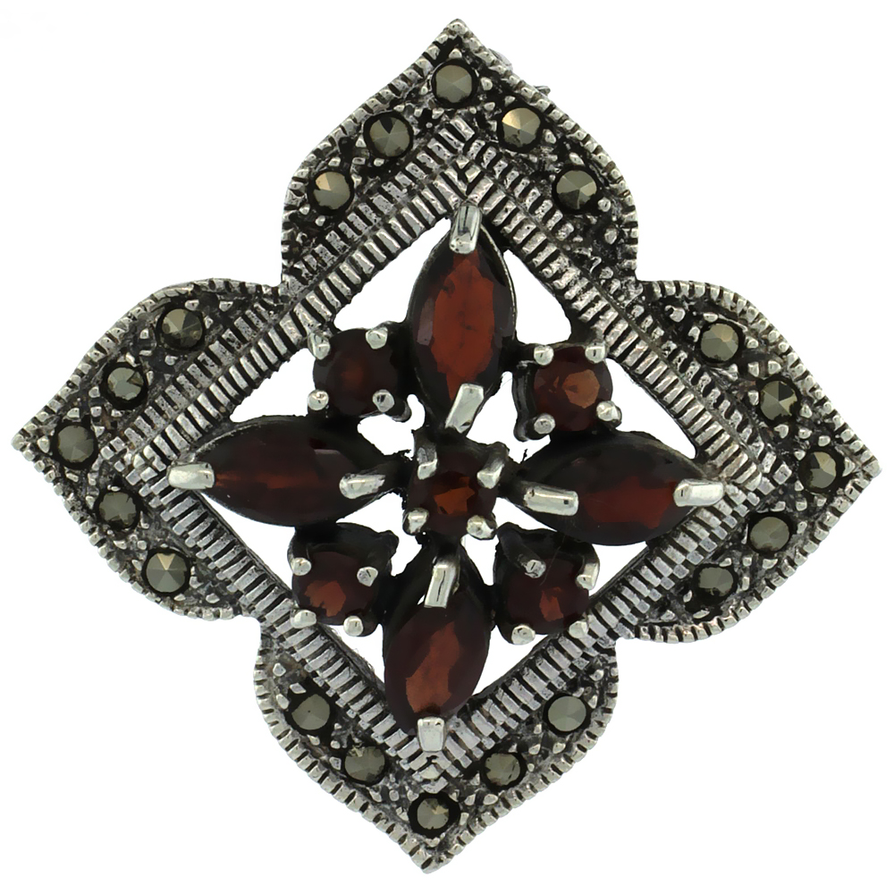 STERLING SILVER MARCASITE CLOVER BROOCH PIN W/ ROUND & MARQUISE CUT GARNET STONES, 1 1/2 INCH (38 MM) TALL