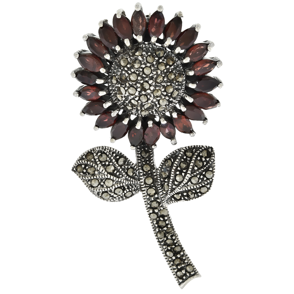 STERLING SILVER MARCASITE LARGE SUNFLOWER BROOCH PIN W/ MARQUISE CUT GARNET STONES 2 1/2 INCH (62 MM) TALL