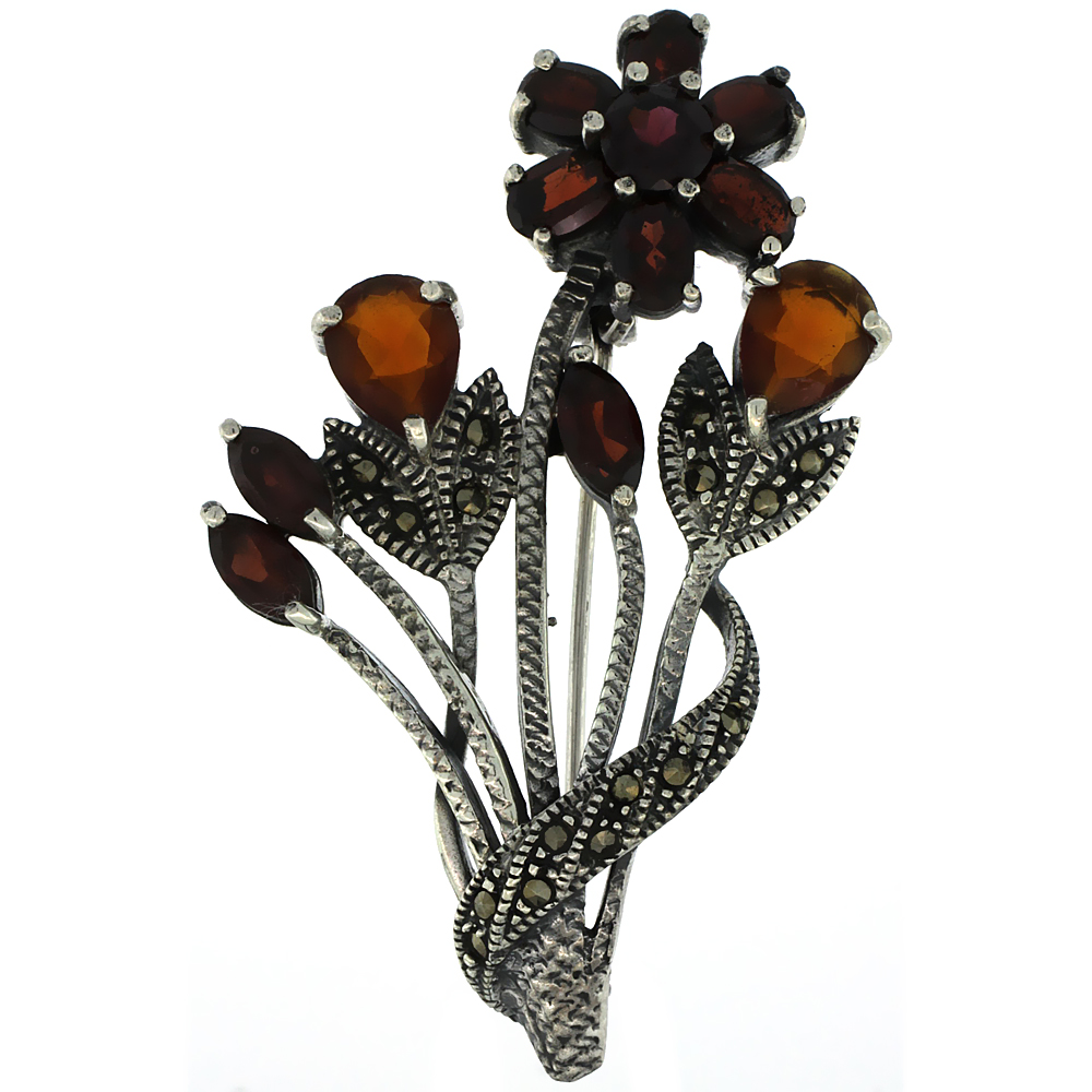 STERLING SILVER MARCASITE FLOWER CLUSTER BROOCH PIN W/ ROUND, PEAR, OVAL & MARQUISE CUT GARNET STONES, 2 1/4 INCH (57 MM) TALL