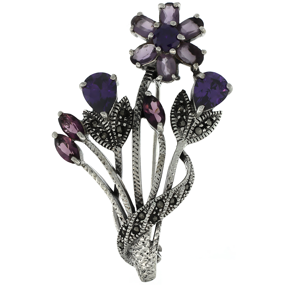 STERLING SILVER MARCASITE FLOWER CLUSTER BROOCH PIN W/ ROUND, PEAR, OVAL & MARQUISE CUT AMETHYST STONES, 2 1/4 INCH (57 MM) TALL
