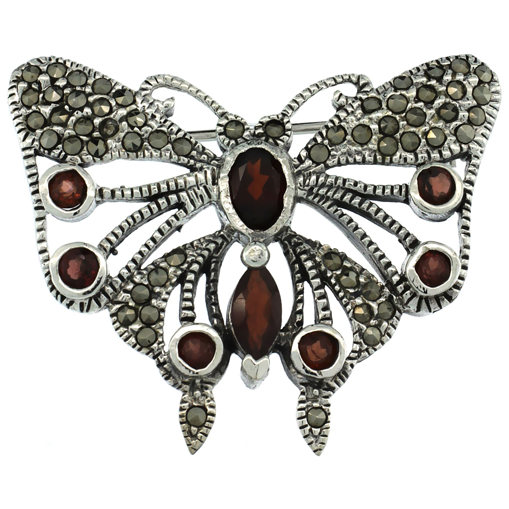 STERLING SILVER MARCASITE BUTTERFLY BROOCH PIN W/ ROUND, OVAL & MARQUISE CUT GARNET STONES, 1 1/4 INCH (32 MM) TALL