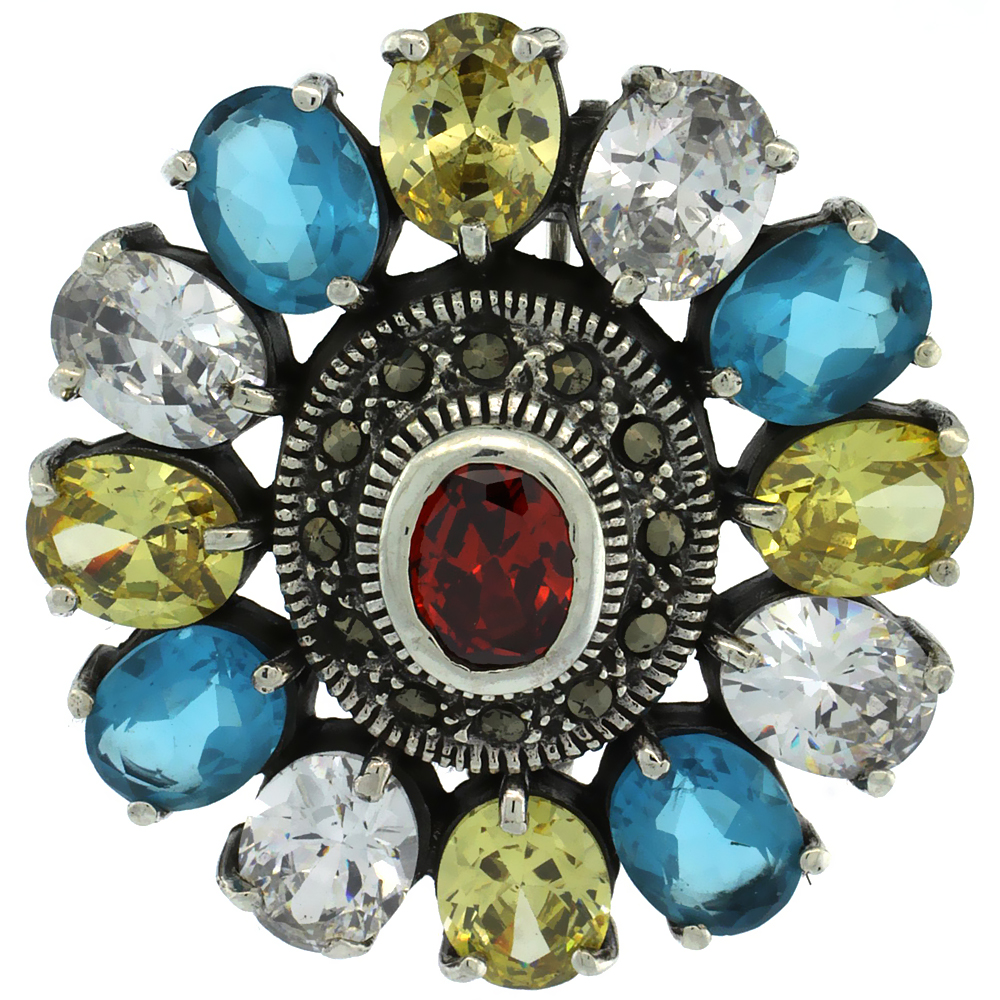 STERLING SILVER MARCASITE LARGE FLOWER BROOCH PIN W/ OVAL CUT MULTI COLOR STONES, 1 1/2 INCH (40 MM)