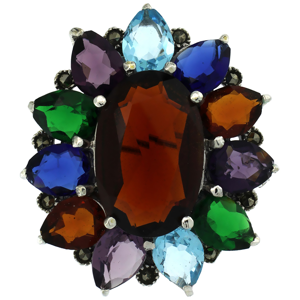 STERLING SILVER MARCASITE LARGE FLOWER BROOCH PIN W/ OVAL & PEAR CUT MULTI COLOR STONES, 1 1/2 INCH (40 MM)