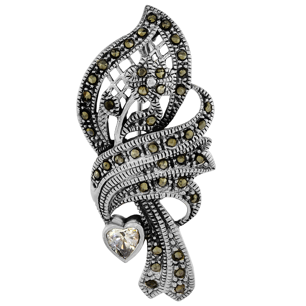 STERLING SILVER MARCASITE FLORAL BROOCH PIN COLORLESS HEART CUBIC ZIRCONIA, 15/16 INCH WIDE