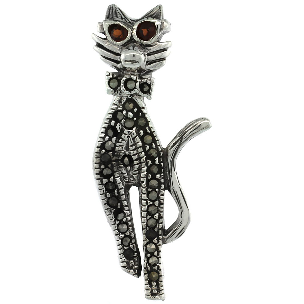 STERLING SILVER MARCASITE COOL CAT BROOCH PIN W/ ROUND GARNET STONES, 1 7/16 IN (36 MM) TALL
