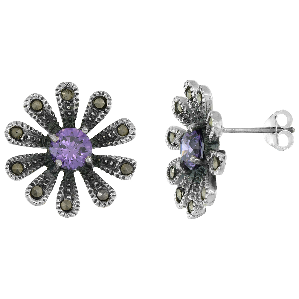 STERLING SILVER CUBIC ZIRCONIA AMETHYST DAISY MARCASITE STUD EARRINGS, 3/4 INCH WIDE